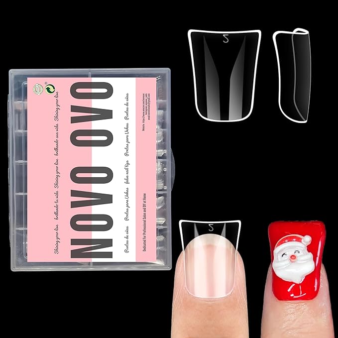 NOVO OVO 240pcs Duck Feet Nail Tips for Small and Medium Hand, Extra Short Full Cover Press On Acrylic, Clear Full Coverage Thick Flare French Soft Gel Fake False Nail Extension x 12 Sizes
