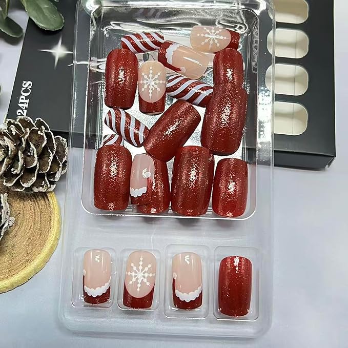Christmas Press on Nails Medium Square Fake Nails with Snowflake Christmas Hat Designs Xmas Red Glitter French Tip False Nail Winter Stick on Nail for Women 24 Pcs