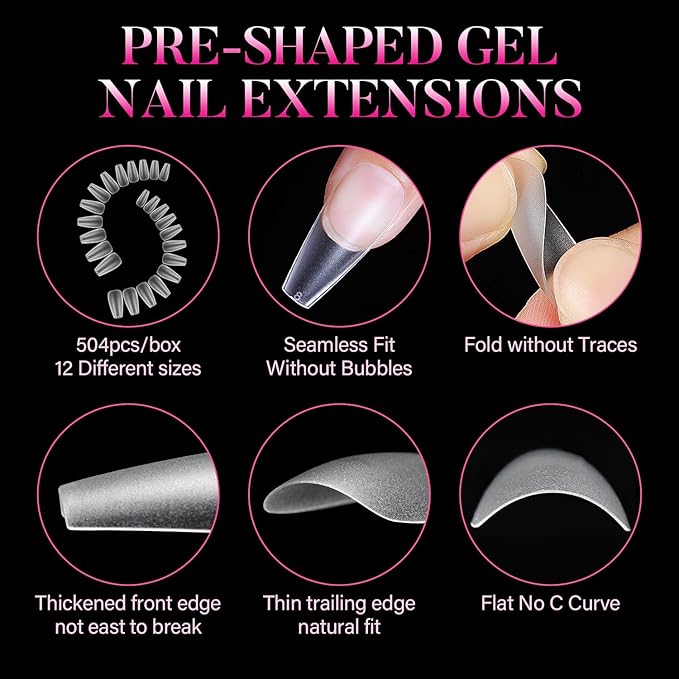 AIMEILI Medium Coffin Nail Tips, 504Pcs Pre-Shape Full Matte Press On Nail Fake Nails for Nail Extension Full Cover False Nails Gelly Tips DIY Nail Salon 12 Sizes