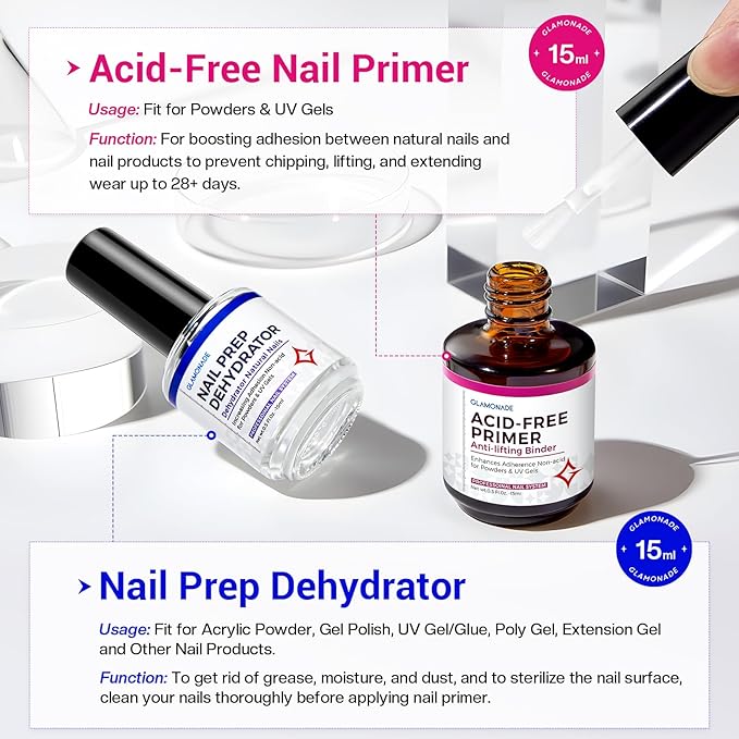 Nail Prep Dehydrator and Primer: Professional Natural Bond Nail Dehydrate & Acid Free Primer Kit for Acrylic and Gel Nail Polish 15 Ml Strong Adhesion Long-Lasting Nail Supplies