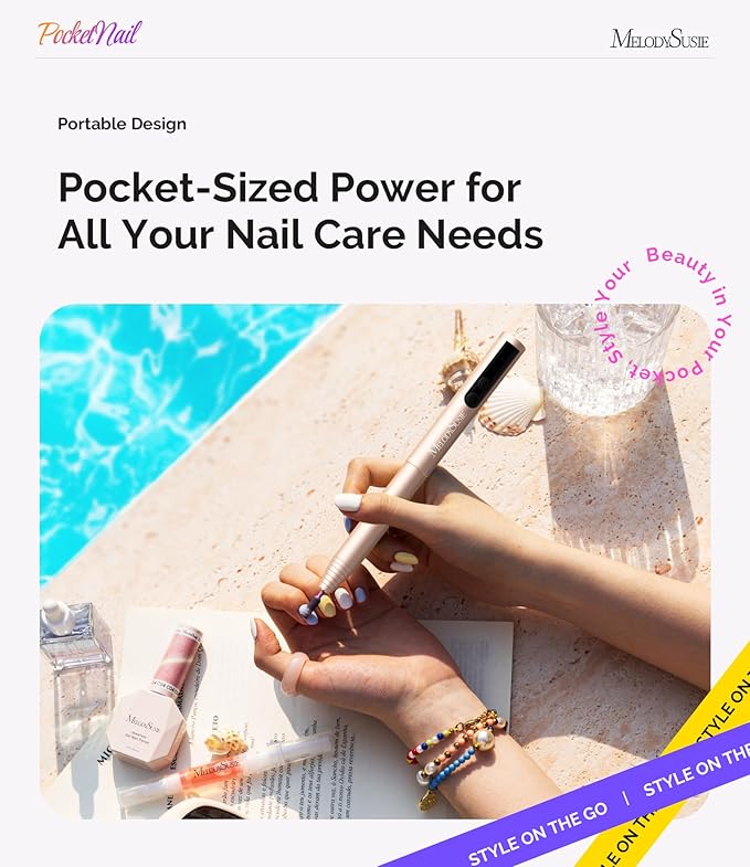 MelodySusie PocketNail Pen-Shaped Cordless Modular Nail Drill, PC100GR 20000RPM Slim Portable Rechargeable Electric File for Manicure Pedicure Nail Care, Shaping & Gel Removal at Home for Beginners