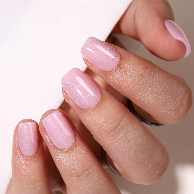 Short Square Press On Nails - Pink Fake Nails with Glue, 16 Sizes, 32Pcs Reusable Soft Gel False Tips Kit, Artificial Stick On Nail for Women