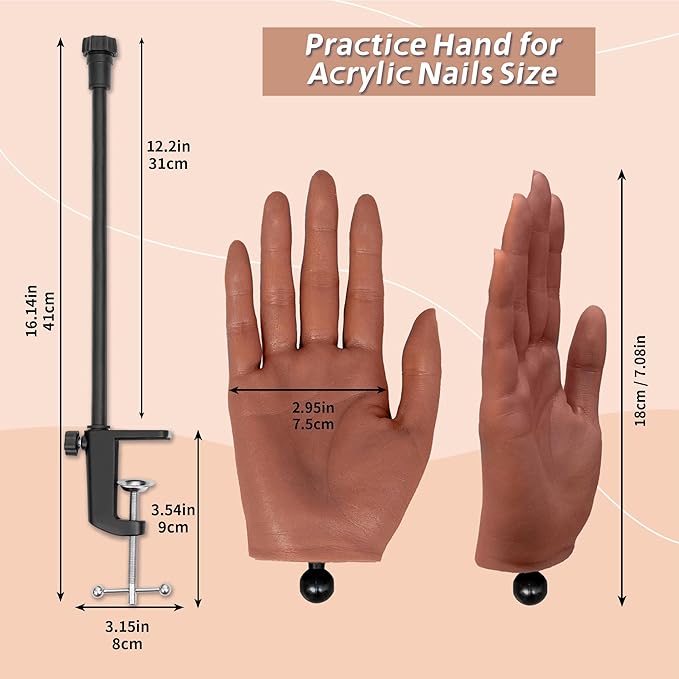 Practice Hand for Acrylic Nails, Realistic Silicone Training Hand with Flexible Fingers for Nail Art Practice,Professional Mannequin Hand Model Kit for Gel Polish