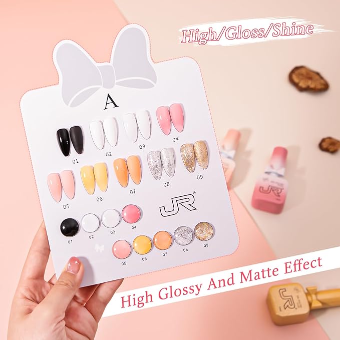 JR 9pcs 15ml Gel Polish Set Black Milky White Nude Jelly Pink Glitter Color Jelly Gel Polish Kit UV LED Soak Off Polish Nail Art Manicure Salon DIY Home