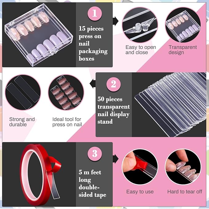 66 Pcs Artificial Nail Storage Box and Nail Art Display Stand Holder Set, 15 Plastic False Nail Packaging Boxes 50 Clear Press on Nail Stand with 5 M Double Sided Tape for Acrylic Nails Practice Salon