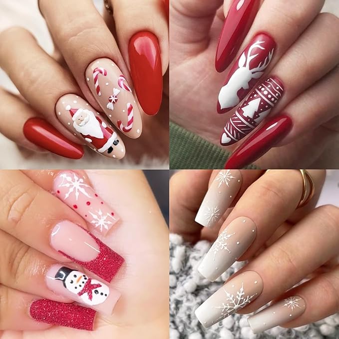 Christmas Nail Art Stickers, Self-Adhesive Red Santa Hat Snowflake Elk Xmas Tree Design for Holiday Nail Decals, Pegatinas Uñas Navidad DIY Decorations (4 Sheets)