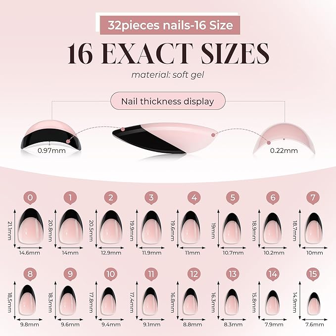 UNA GELLA French Tip Press On Nails Almond: Fall Winter Black Soft Gel Press Ons Short Kit with Nail Tips Glue on Nails, 16 Sizes - 32 Reusable Fake Nails, Black French