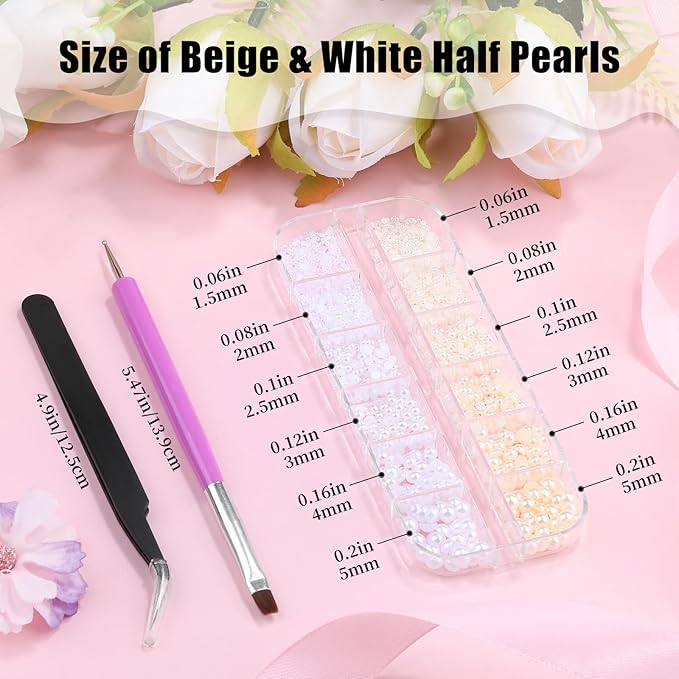 2100Pcs Flatback Nail Pearls Gems, 1.5-5mm White Beige Beads Half Round Nail Charms Beads with Pickup Pencil and Tweezers for Crafting Face Hair Manicure (11-K1-half-pearls-beige-white)