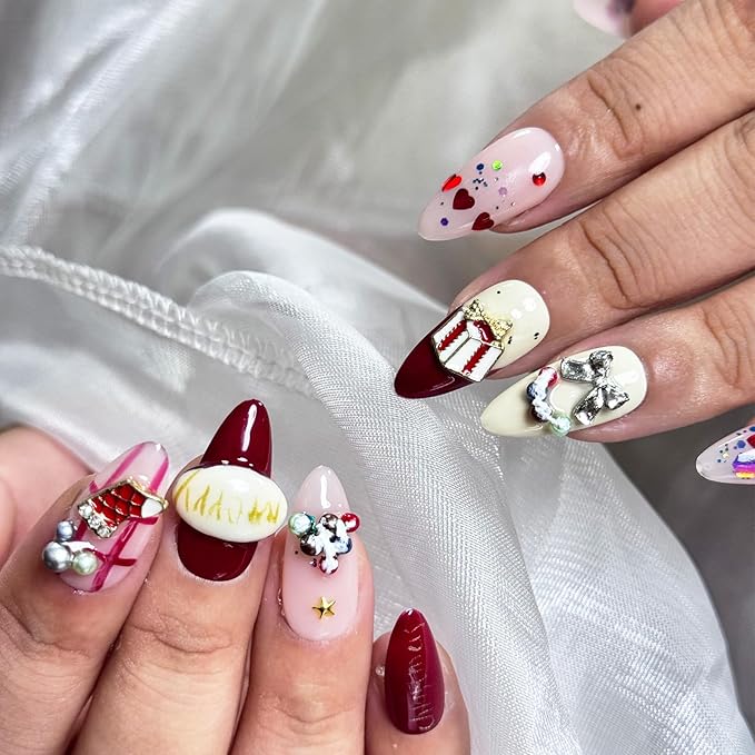 Christmas Handmade Press On Nails – 10pcs Medium Almond Fake Nails, 100% Handmade 3D Santa Claus Designs, Thick Gel Acrylic Full Cover False Nails for Women