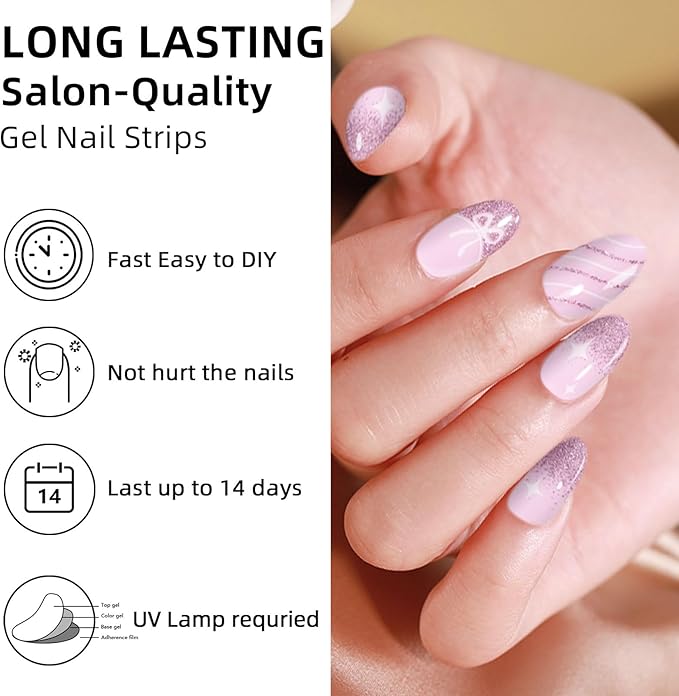 Semi Cured Gel Nail Strips,28 pcs Gel Nail Stickers Wraps Work with UV Lamp,Long Lasting Polish Stickers UV Cure,Easy to Apply