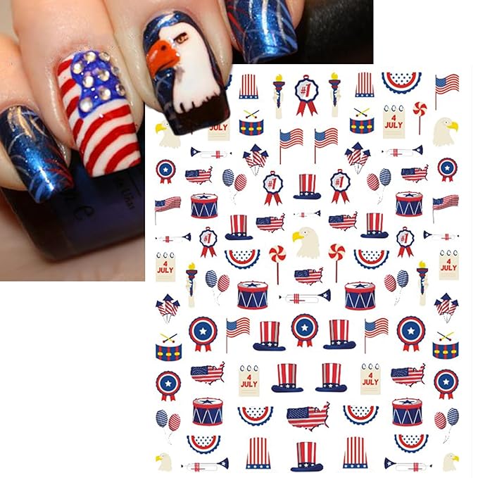 12 Sheets 4th of July Nail Stickers, Independence Day Patriotic Nail Decals, 3D Design Self-Adhesive Memorial Day USA Flag Star Nail Art