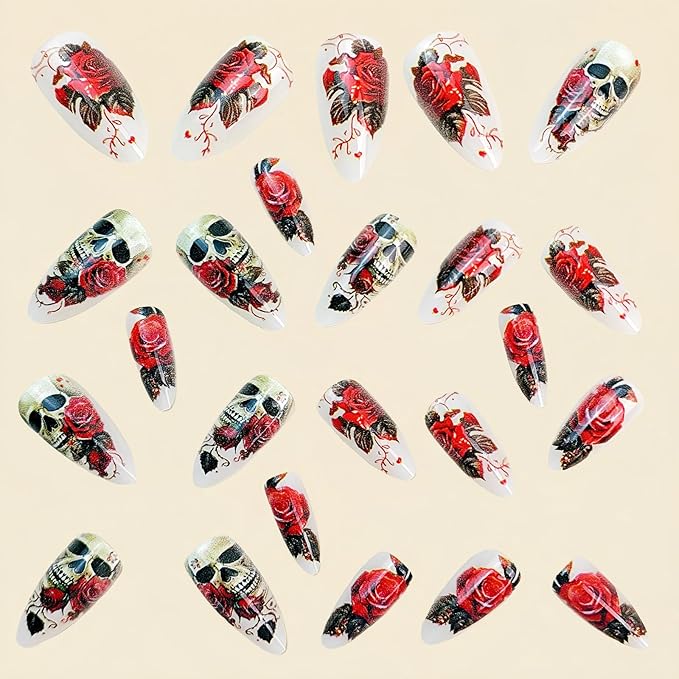 Halloween Press on Nails | Gothic Fake Nails with Rose & Skull Designs,Medium Almond False Nails,Full Cover Glossy Acrylic Nails,Stick on Nail for Women Girls Halloween Nail Art Decor 24Pcs