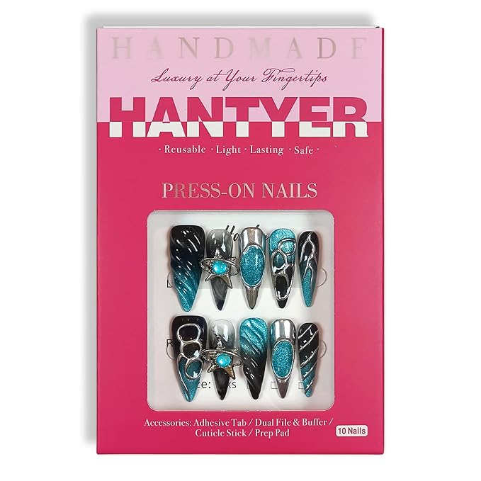 Long Stiletto Press On Nails, Handmade Soft Gel Turquoise & Black Abstract Fake Nails with Unique 3D Ring & Metallic Swirls, Statement Reusable False Nails 10PCS Kit (Size XS)