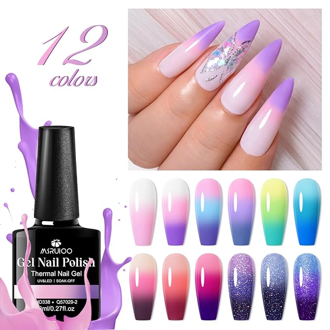 Color Changing Gel Nail Polish Set Temperature Mood Changed Glitter Blue Purple Nail Art Design Gifts for Women Girls 12Pcs*8ml