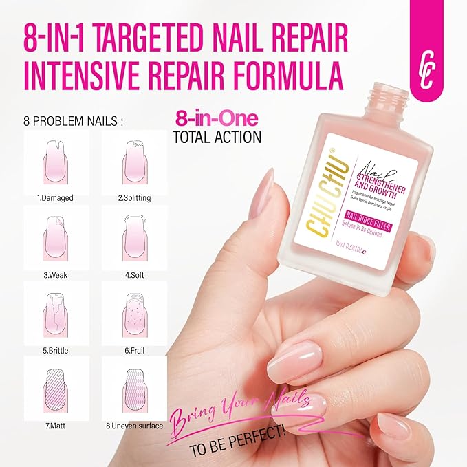 Protein Nail Strengthener for Gel Enthusiasts: Repair Thin Weak Peeling Nails After Acrylics Gel Removal - Nude Nail Hardener and Growth Treatment Ridge Filler Nude Polish