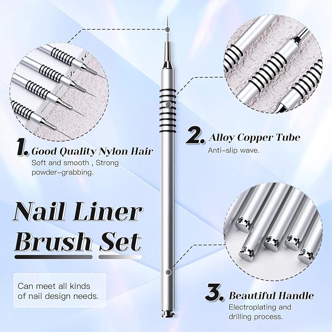 Nail Art Liner Brushes Set, 6Pcs Nail Art Design Brush Striping Thin Long Lines Dotting Drawing Pen, UV Gel Polish Painting Metal Handle Striper Brushes Size 5/7/9/11/20/25mm