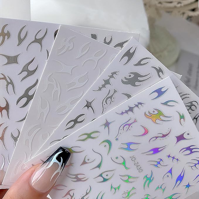Irregular Geometric Line Nail Art Sticker Flame Pattern Nail Decals Holographic Gold Silver Black White Red Blue Nail Art Sticker Decals 3D Self-Adhesive Nail Sticker Design for Women DIY Manicure