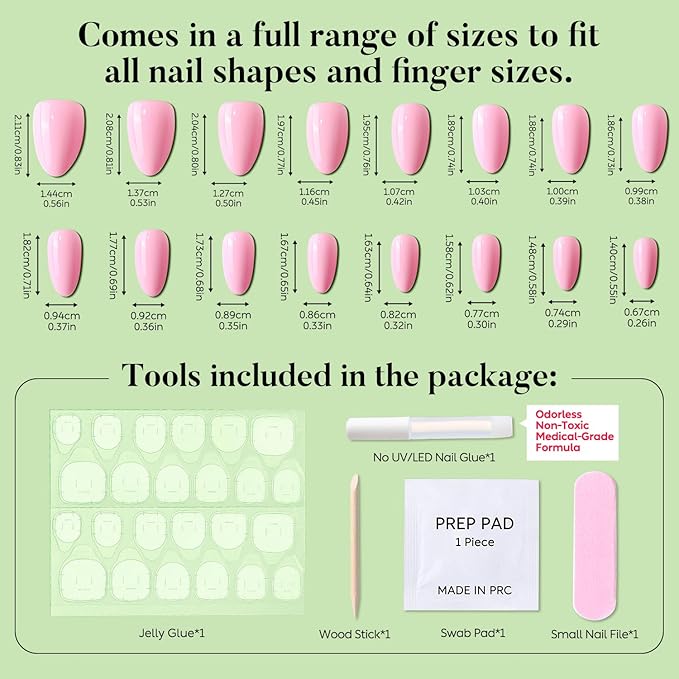 Luxbon Short Almond Press On Nails with No-Cure Nail Glue and Tool Kit – False Soft Gel Tips 25-30pcs Full Size Set, Reusable Fake Nails for Women, Stick On Nails, Pink