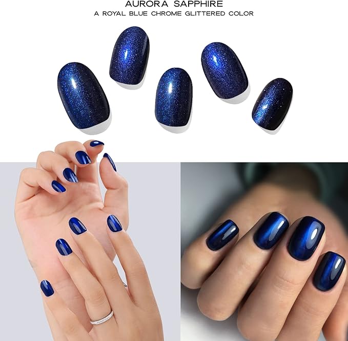 Semi-Cured Gel Nail Strips - 20 Salon-Quality Gel Sticker with UV Light Required, Long Lasting, Easy Application & Removal, Includes Prep Pad, Nail File, Wooden Stick (Metallic Blue)