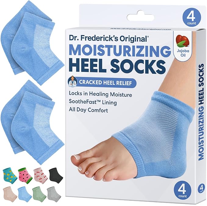 Dr. Frederick's Original Moisturizing Heel Socks for Dry Cracked Heels Treatment - Infused with Olive Oil, Jojoba Oil and Vitamin E - 2 Pairs - Valentines Day Gifts for Her & Him - Blue Jojoba
