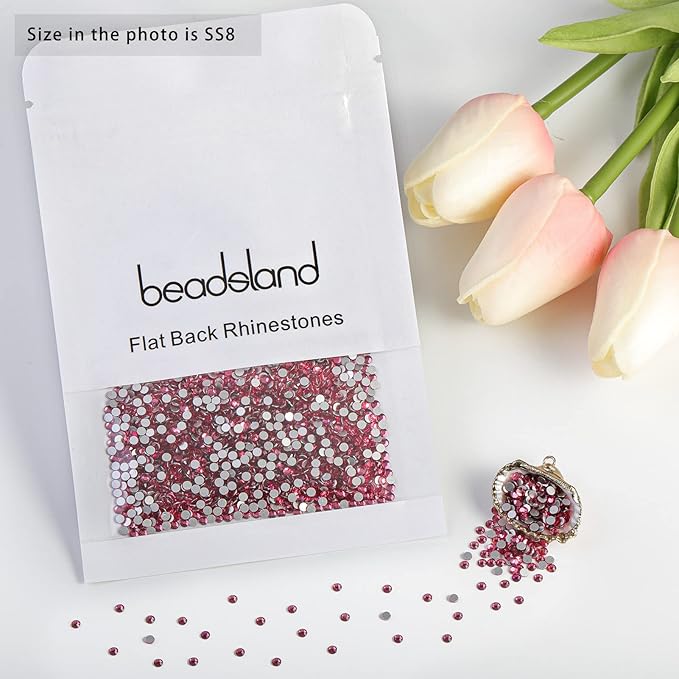 Beadsland Flat Back Crystal Rhinestones Round Gems for Nail Art and Craft Glue Fix, Rose, 2.3-2.5mm, SS8/1440pcs