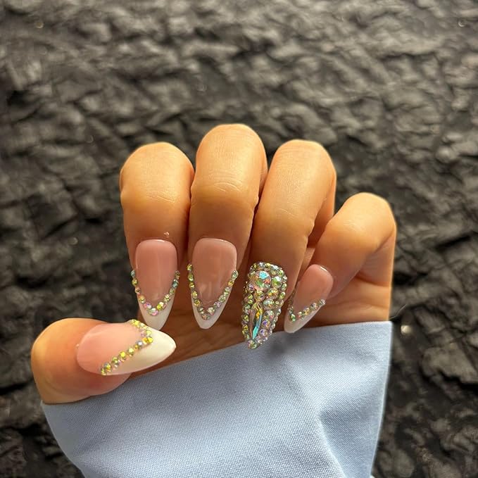 AKA Unicron French Tip Press On Nails Short Almond Handmade Acrylic Fake Nails Press Ons with Shining Rhinestones Charm Design,Nail Charm Nature Lasting Stick On Woman Fingernails