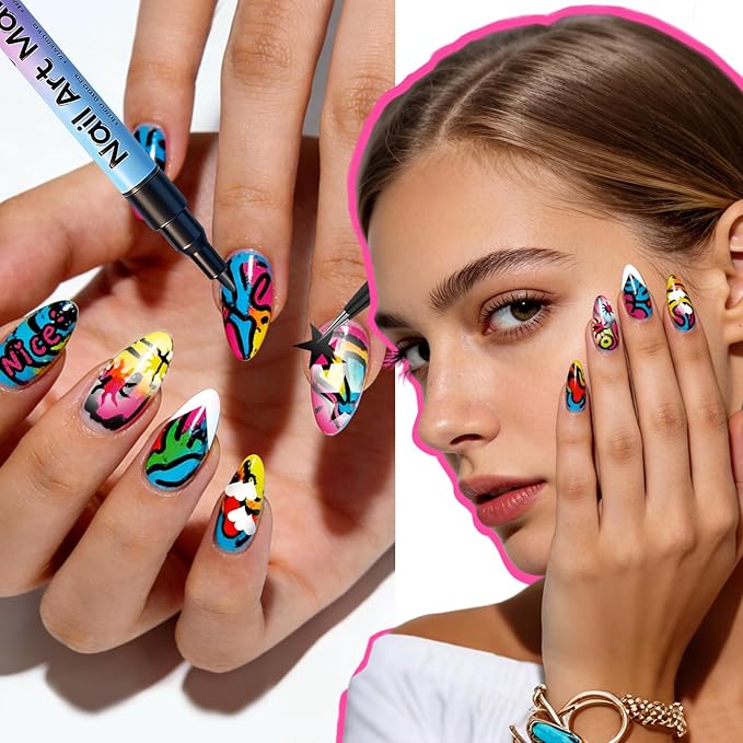 Nail Art Stencils Pens Set, 12 Nail Art Pens Markers + 14 Sheets Nail Stencils Heart Lips Flowers Nail Stickers for Women Girl, Nail Polish Pens for Nail Art Dotting Pen, DIY Nails Art Design Tools