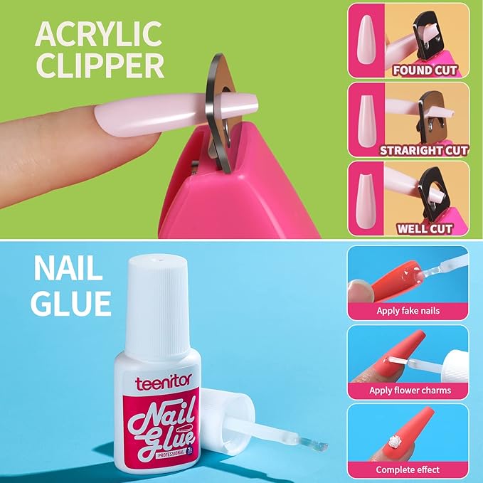 Teenitor Long Press On Nails Kit 24 Color Long Coffin Nail Tips Full Cover, 576pcs Long Coffin Press On Nails Fake Nails, Matte Nails Glue On Nails