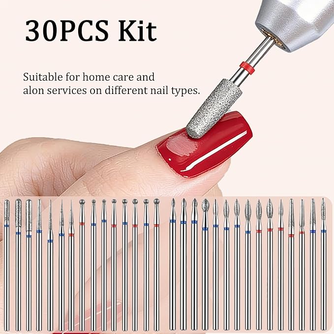 Nail Drill Bits, Diamond Cuticle Drill Bits for Electric Nail File, Cuticle Bits, Diamond Manicure Bits, Brocas para Drill Nails, 3/32 inch 30PCS Kit