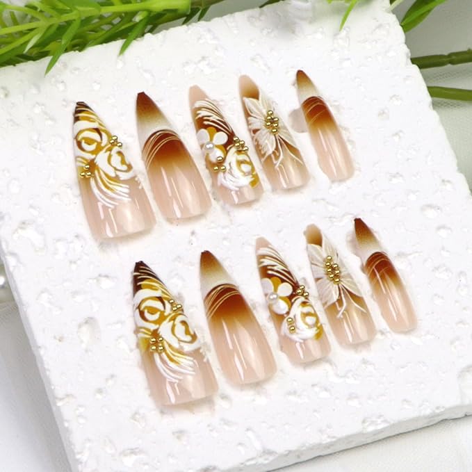 Long Press on Nails Stiletto Fake Nails Press ons with Butterfly Flower Line Swirl Designs Cute Almond Glue on Nails Acrylic Glossy Full Cover Stick on Nails for Women 24 Pcs