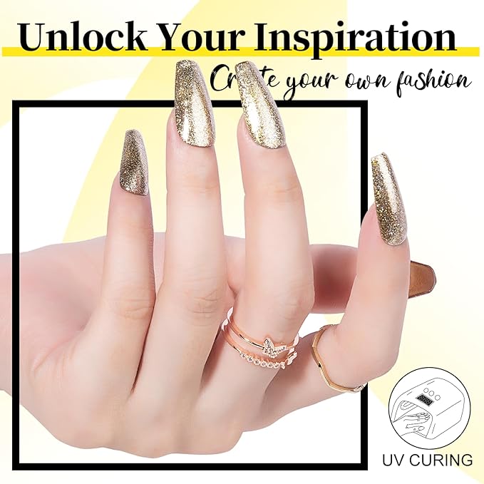 NXJ INFILILA Gold Glitter Gel Nail Polish, Reflective Shimmer Gold Gel Liner for Nail Art, Holographic Sparkle Long-lasting Color Soak Off UV Lamp Cured Gels for Art Manicure Salon DIY at Home B04