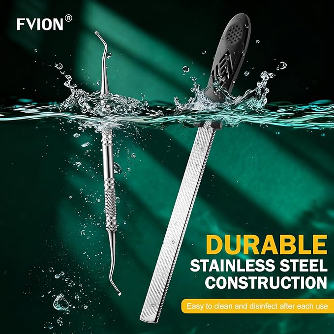 FVION Toenail File for Thick Nails and Toenail Lifter, 2pcs Stainless Steel Nail File and Ingrown Relief Set, Heavy Duty Metal Emery Board for Seniors, Men & Women Pedicure Tool (Black)