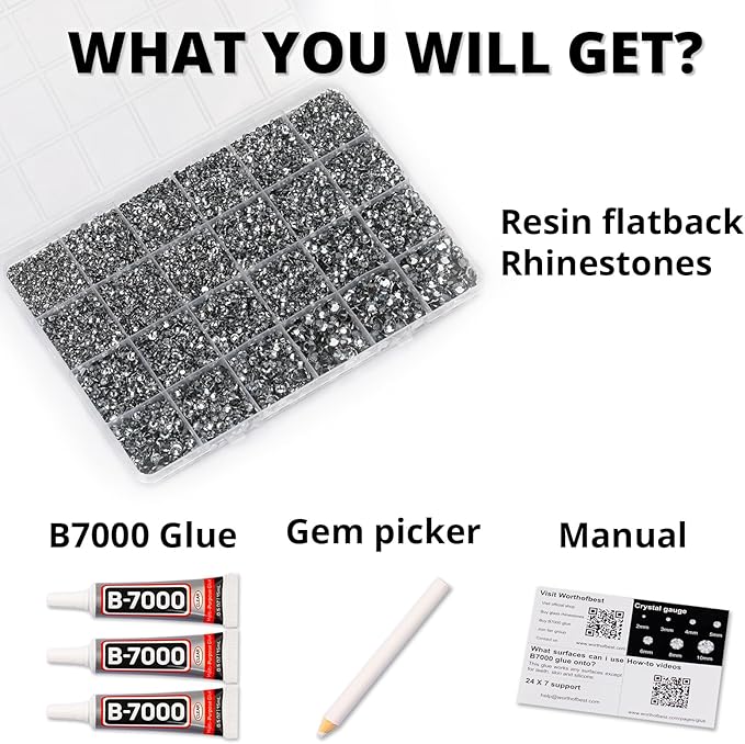 33000Pcs Grey Rhinestones for Bedazzling, Bedazzler Kit with Flatback Craft Rhinestones Gray Bulk and B7000 Glue, 2,3,4,5,6mm Resin Flat Back Crystals for Craftings, Crafts, Clothes, Shoes, Nails