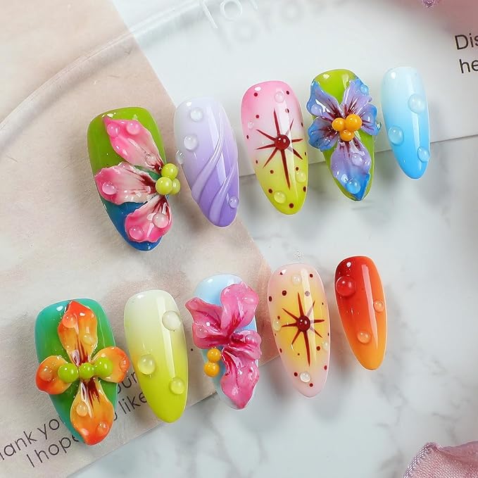 Handmade Press on Nails Medium Almond - 3D Luxury Colorful Flower Press on Nails Designs Thick Acrylic and Muti-Layer Gel False Nails Full Cover Gradient Fake Nails Stick on Nails for Women (Size M)