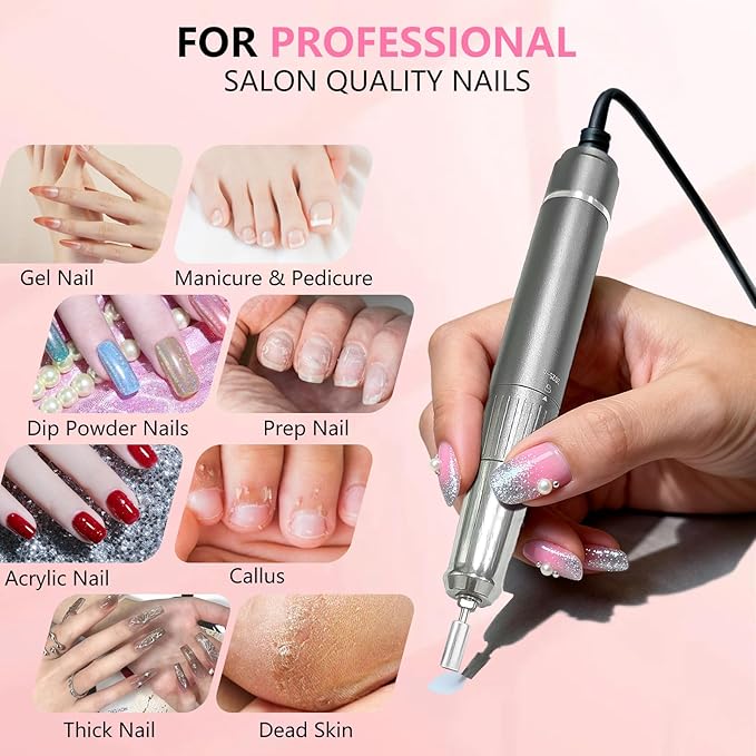BETE Professional Nail Drill, 40000 RPM Cordless Electric Nail File Kit with 6 Bits, Rechargeable Efile for Acrylic Gel Nails Polishing, Manicure Tools for Salon Home Use, Pink