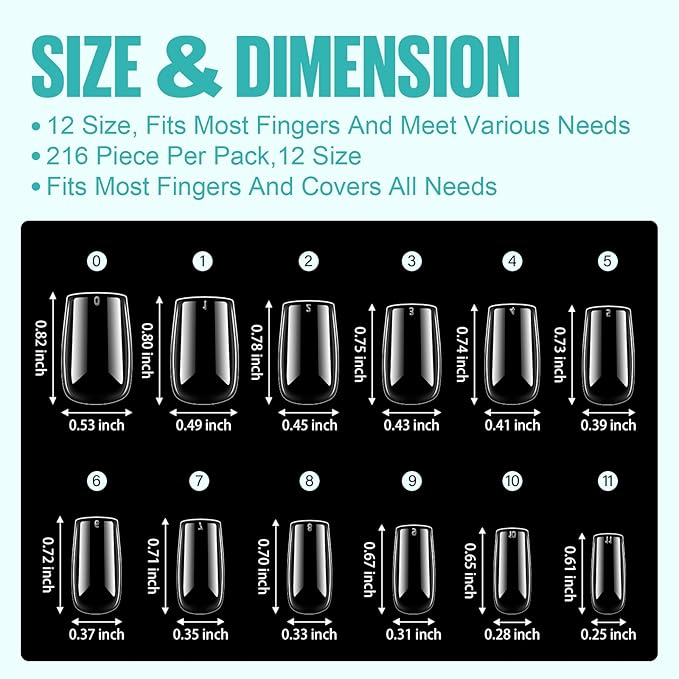 TOMICCA Fake Clear Nails, Short Square False Nail Tips, 216Pcs Nail Extension Tips for DIY Salon Gift