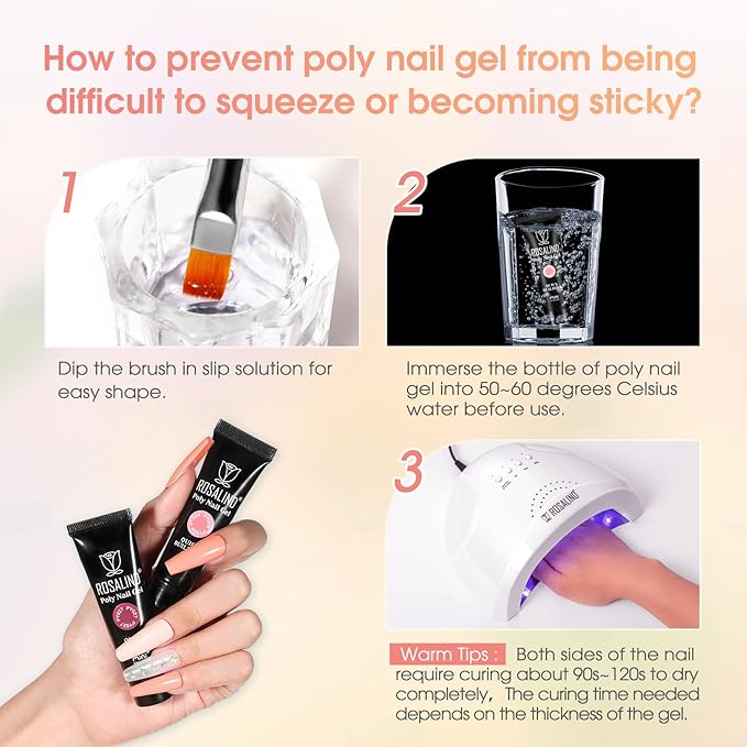 ROSALIND 20PCS Poly Nail Gel Kit with Nail Lamp White Brown Poly Nails Gel Kit Clear Nude Nail Extensions Gel Set With UV Lamp