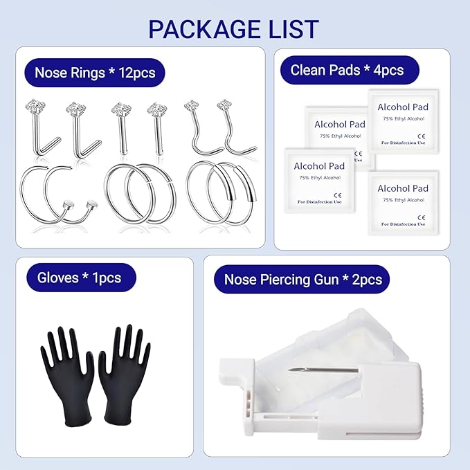 Yugui Nose Piercing Gun Kit 20G Nose Piercing Rings, Nails with Nose Piercing Guns Disposable Piercing Clamps Gloves Clean Pads for Beginners Home DIY Self Body Piercing Tools Kit Supplies