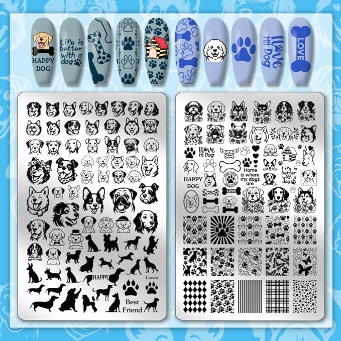 PH PandaHall 2pcs Dog Nail Stamping Plates, 124 Patterns Cute Pet Nail Plate Stainless Steel Nail Image Template Dogs Paw Nails Stencil Set for Dog Lover Manicure Decor 5.7x3.7 inch