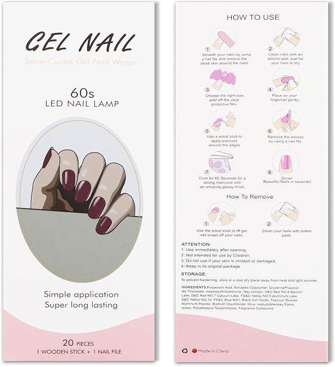 JMEOWIO Gel Nail Stickers Wine Red Semi Cured Gel Nail Strips Wraps UV/LED Nails Art Design Decoration Accessories