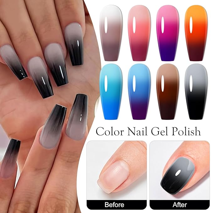 MEET ACROSS Color Changing Gel Nail Polish Set, 8 Pcs Red Orange Blue Coffee Grey Gel Polish Set Temperature Mood Changed Nail Polish Gel Gifts for Women Girl DIY Salon Home Manicure