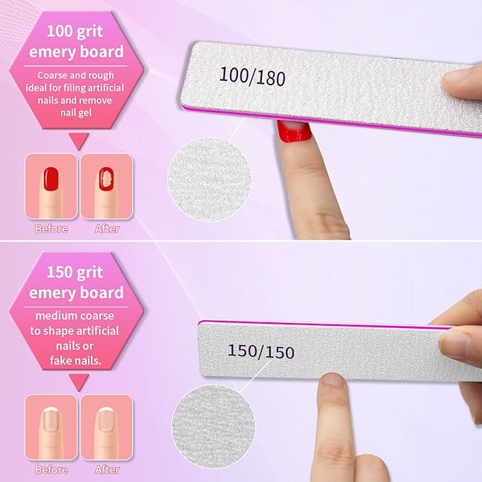 Professional Nail Files for Gel Nails- 100/180 Grit Nail Files for Acrylic Nails, Double Sided Washable Coarse Nail File Manicure Tool for Salon