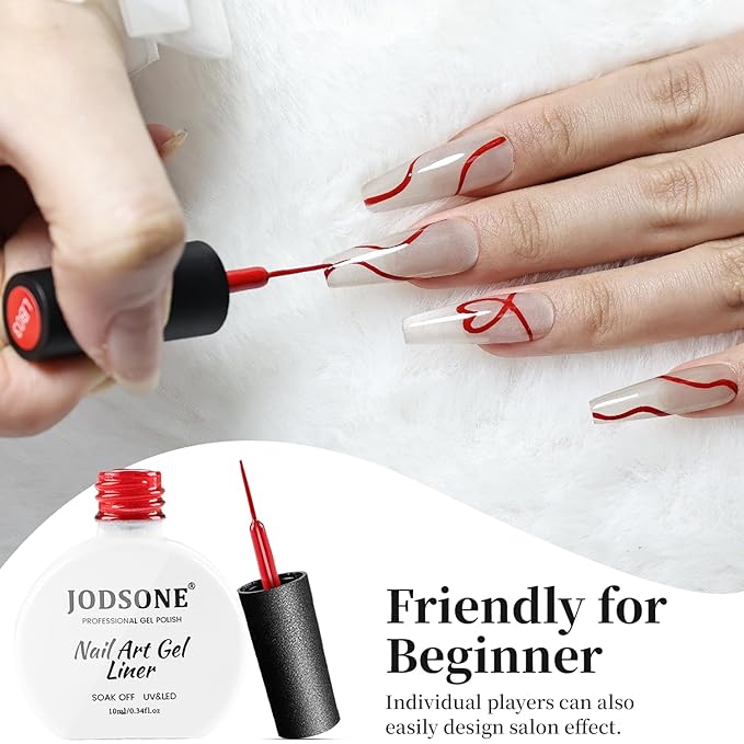 JODSONE Red Swirl Nail Art Liner Gel Polish,10ml Classic Color 3D Nail Art Pens Effect Nail Print Design with Thin Brush for French Tips Manicure Painting DIY at Home - LB03