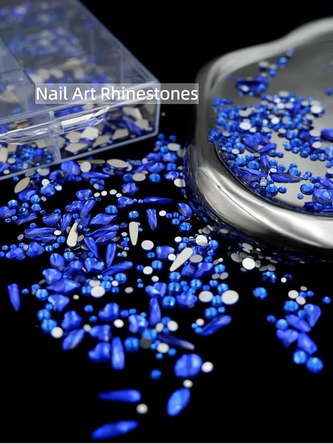 6080PCS Blue Rhinestones for Nails, Mix Sizes Blue Nail Charms and Gems with 20 Shapes, 3D Flatback Crystals Diamonds for DIY Nail Art Design (Tweezers Included)