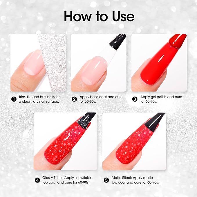 GELLEN Glitter Gel Top Coat, Snowflake Top Coat Nail Polish, Soak off Clear Glossy No Wipe Gel with Shimmer Finish, UV/LED Lamp Needed, Manicure Nail Art Gift for Halloween/Christmas/New Year