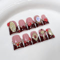 Handmade Press on Nails Wine Red French Tip 3D Flower & Golden Rhinestone Fake Nails Designs Luxury Short Duck False Nail Floral Muti-Layer Gel Thicked Acrylic Nails for Women (Size S)