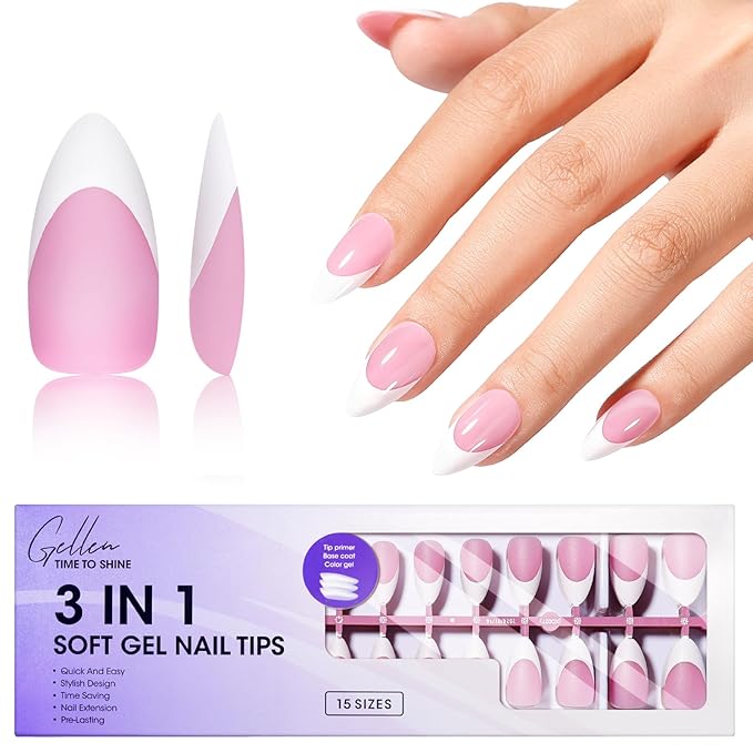 Gellen Almond French Tip Press on Nails Pink, 3 in 1 Soft Gel Nail Tips, Pre-colored Press on Nails Medium Almond Fake Nails with White Tips, Nail Extension Gel Nails Tips