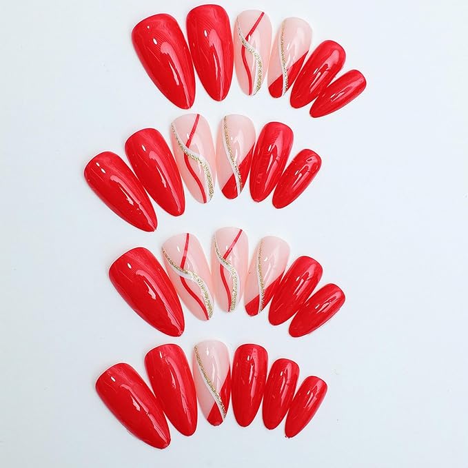 Red Press on Nails Medium Almond Fake Nails with Designs Gold Glitter Line False Nails Press ons Glossy Full Cover Glue on Nail Cute Acrylic Artificial Stick on Nail for Women Manicure 24Pcs