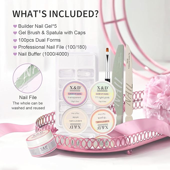 X&D Poly Gel Nail Kit Polygel Quick Dry Natural Clear Polygel 5 Colors Nail Extension Balance Builder with Dual Forms, Brush with Spatula, Professional File and Buffer Set