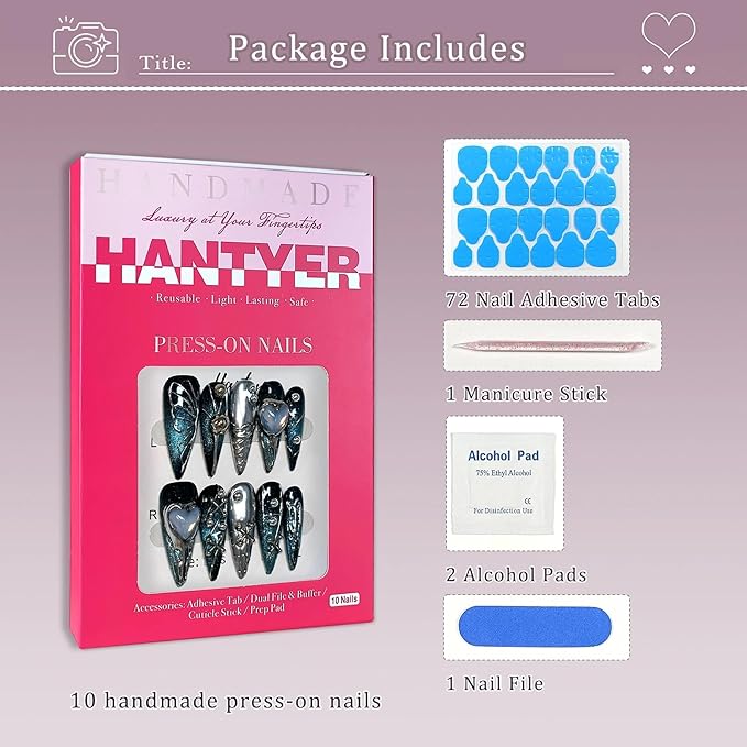 Goth Press on Nails, Long Stiletto Glossy Nails in Black & Metallic Silver, Hand-Painted 3D Crosses & Butterflies with Blue Cat Eye, Celestial Style for Raves & Cosmic Parties (Size S)